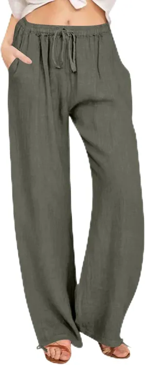 Women's Summer Drawstring Waist Wide Leg Loose Cotton Linen Palazzo Pants Drawstring Casual Trousers Plus Size