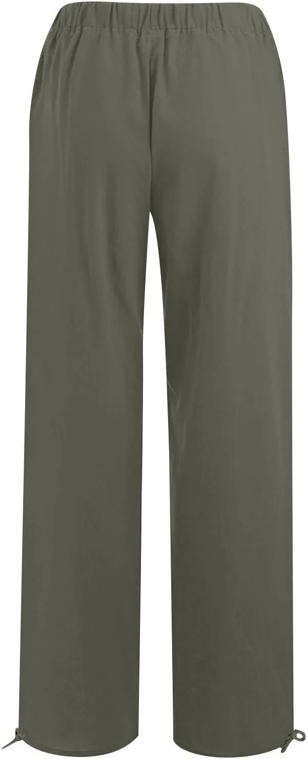 Women's Summer Drawstring Waist Wide Leg Loose Cotton Linen Palazzo Pants Drawstring Casual Trousers Plus Size