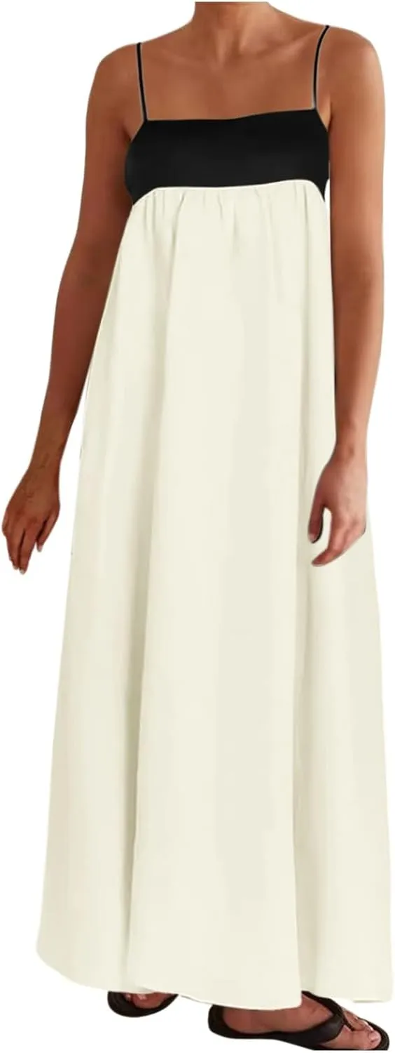 Women's Summer Linen Maxi Dress Contrast Spaghetti Strap Dress Backless Sleeveless Casual Party Beach Flowy Sundress