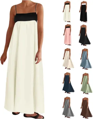 Women's Summer Linen Maxi Dress Contrast Spaghetti Strap Dress Backless Sleeveless Casual Party Beach Flowy Sundress