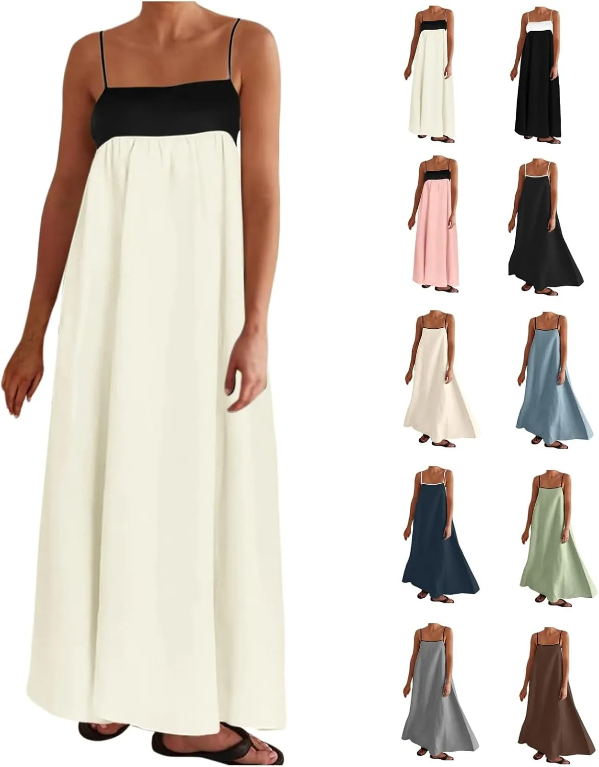 Women's Summer Linen Maxi Dress Contrast Spaghetti Strap Dress Backless Sleeveless Casual Party Beach Flowy Sundress