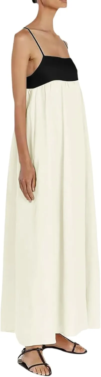 Women's Summer Linen Maxi Dress Contrast Spaghetti Strap Dress Backless Sleeveless Casual Party Beach Flowy Sundress