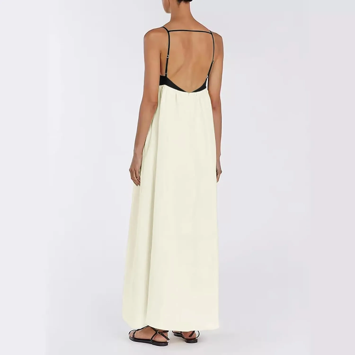 Women's Summer Linen Maxi Dress Contrast Spaghetti Strap Dress Backless Sleeveless Casual Party Beach Flowy Sundress
