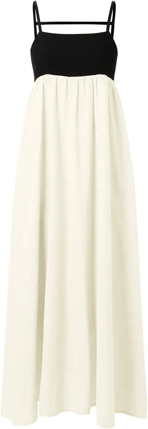 Women's Summer Linen Maxi Dress Contrast Spaghetti Strap Dress Backless Sleeveless Casual Party Beach Flowy Sundress