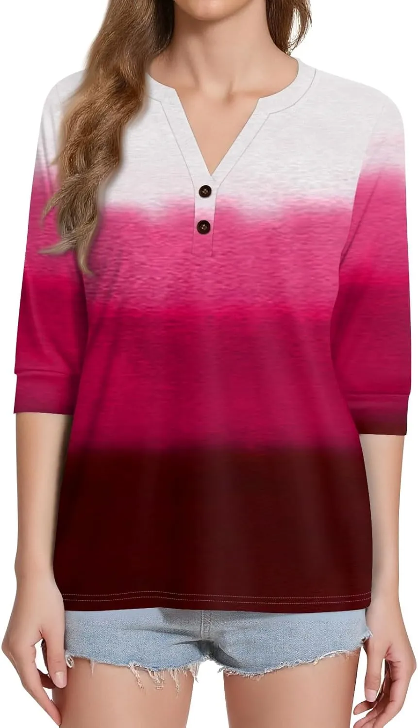 Womens Summer Tops 3/4 Length Sleeve V Neck Button Down Shirts Business Casual Outfit Basic Loose Fit Tees