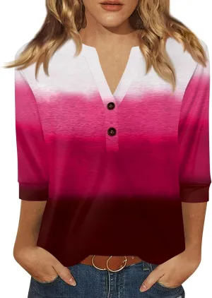 Womens Summer Tops 3/4 Length Sleeve V Neck Button Down Shirts Business Casual Outfit Basic Loose Fit Tees