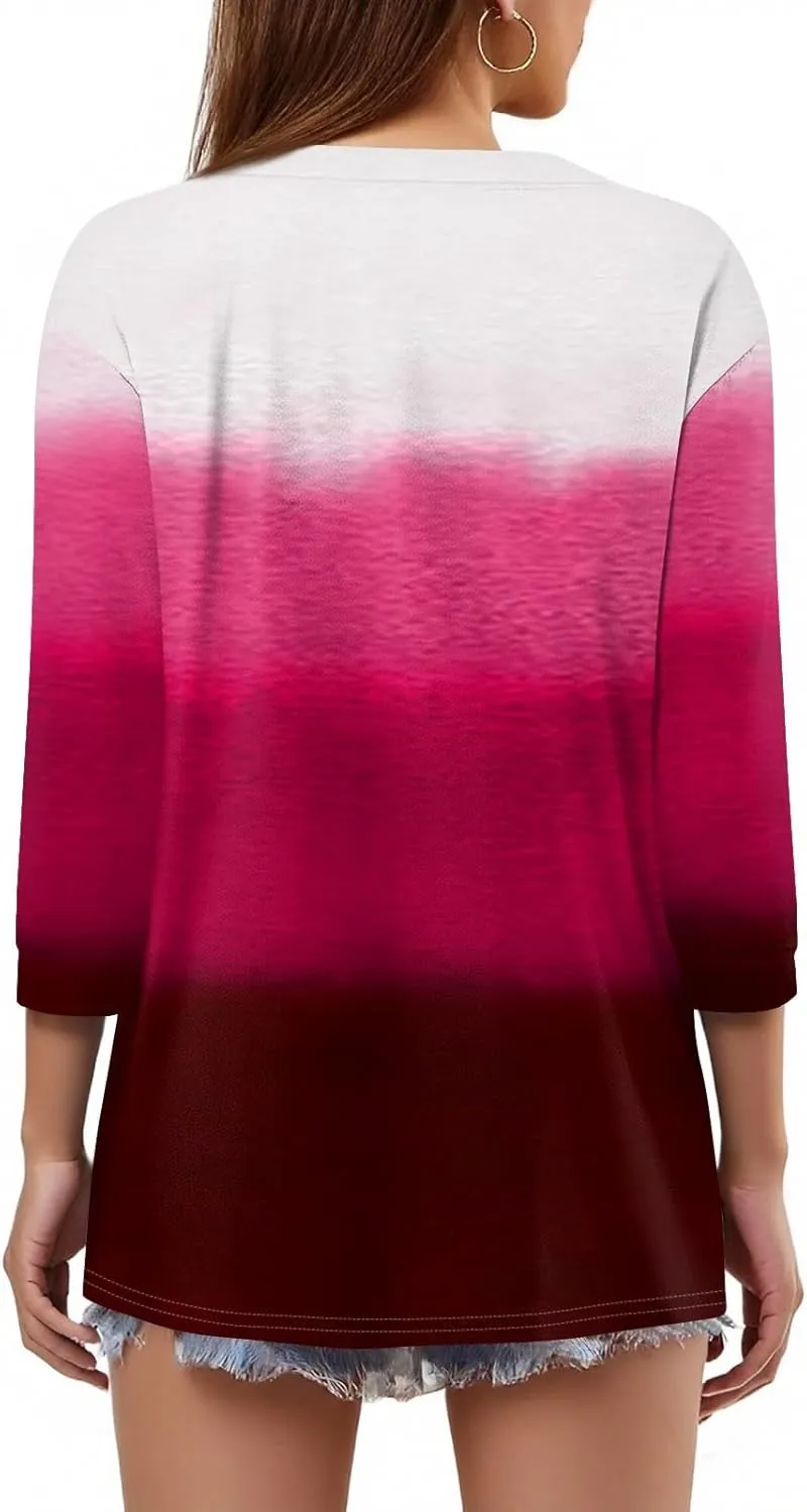 Womens Summer Tops 3/4 Length Sleeve V Neck Button Down Shirts Business Casual Outfit Basic Loose Fit Tees