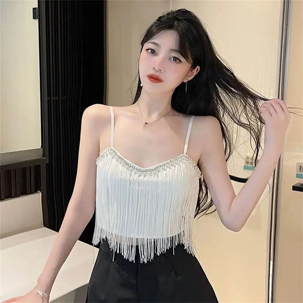 Women's Tassel Spaghetti Strap Cropped Camisole 2025 Summer Solid Color Slim Fit Sexy Sweet Tops