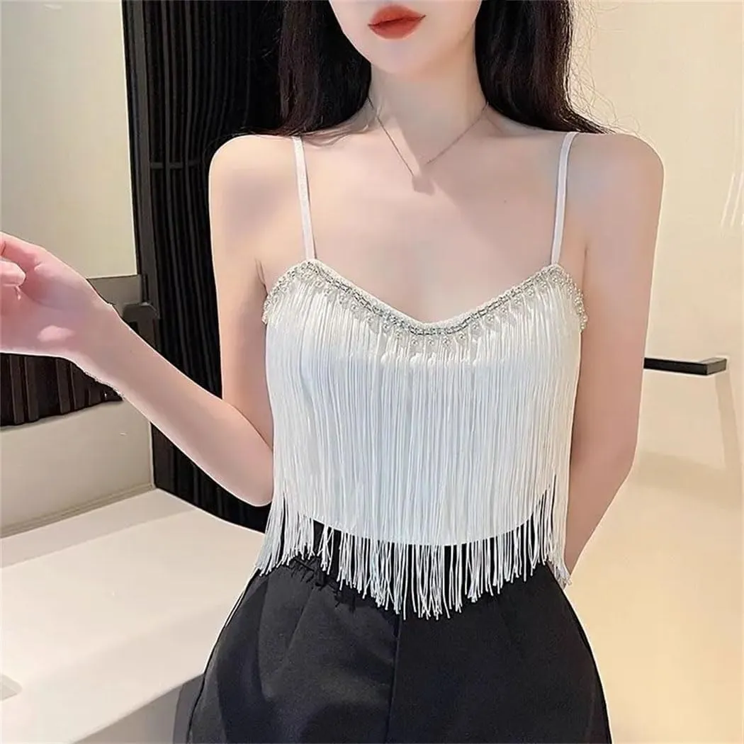 Women's Tassel Spaghetti Strap Cropped Camisole 2025 Summer Solid Color Slim Fit Sexy Sweet Tops