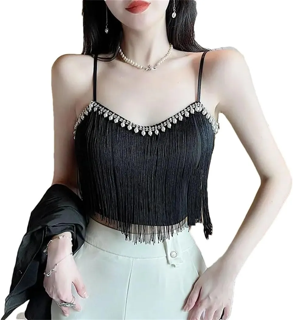 Women's Tassel Spaghetti Strap Cropped Camisole 2025 Summer Solid Color Slim Fit Sexy Sweet Tops