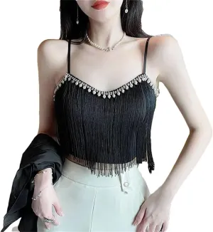 Women's Tassel Spaghetti Strap Cropped Camisole 2025 Summer Solid Color Slim Fit Sexy Sweet Tops