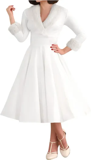 Women's Trendy Fur Collar Midi Dress 2025 Sexy V Neck Long Sleeve High Waist Dress Casual Comfy Elegant Ball Gown