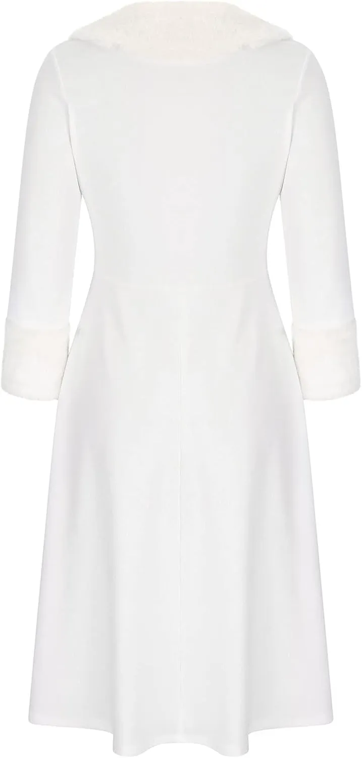 Women's Trendy Fur Collar Midi Dress 2025 Sexy V Neck Long Sleeve High Waist Dress Casual Comfy Elegant Ball Gown