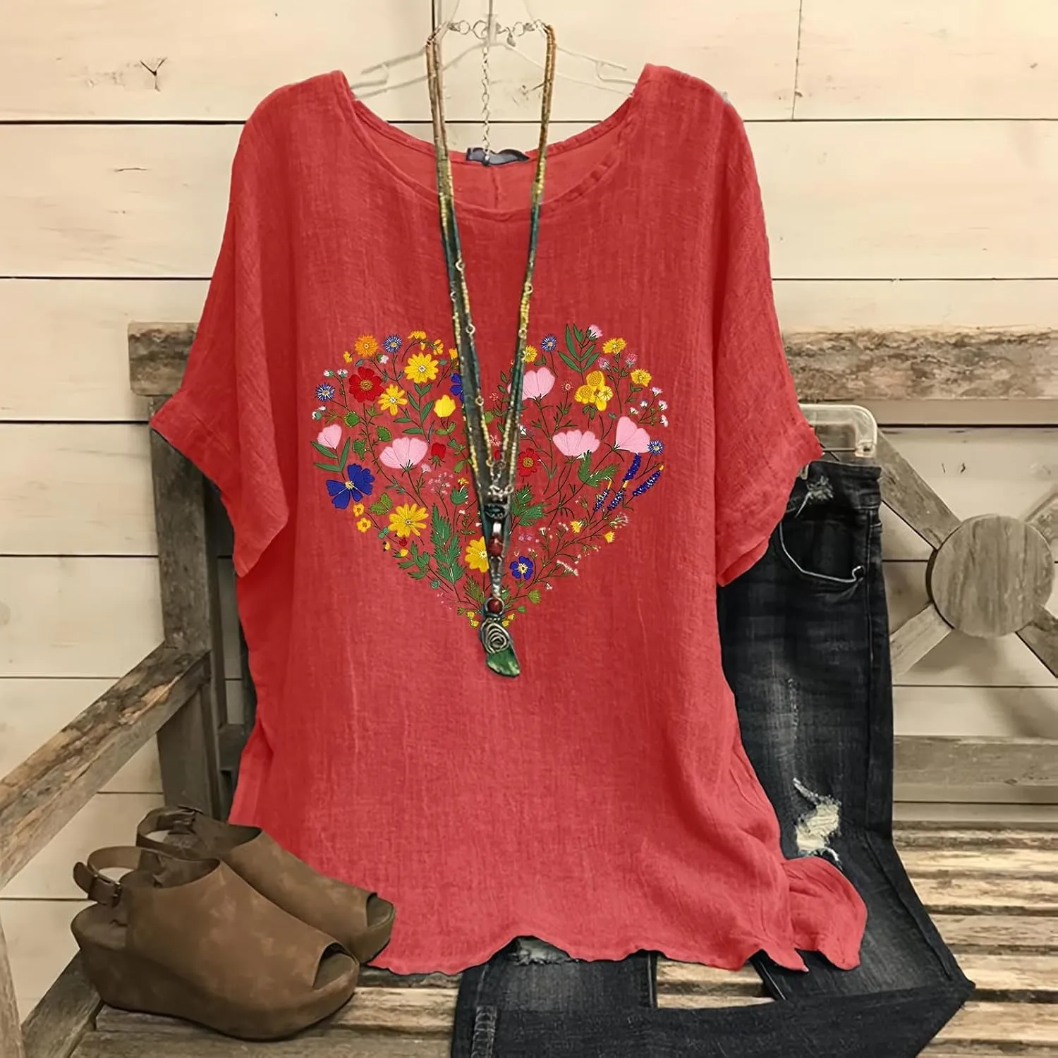 Womens Tshirts Cotton Loose Fit Lightweight Linen Blouses Soft Shirts Fashion Flower Print Casual Summer Blouse Tee
