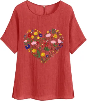 Womens Tshirts Cotton Loose Fit Lightweight Linen Blouses Soft Shirts Fashion Flower Print Casual Summer Blouse Tee