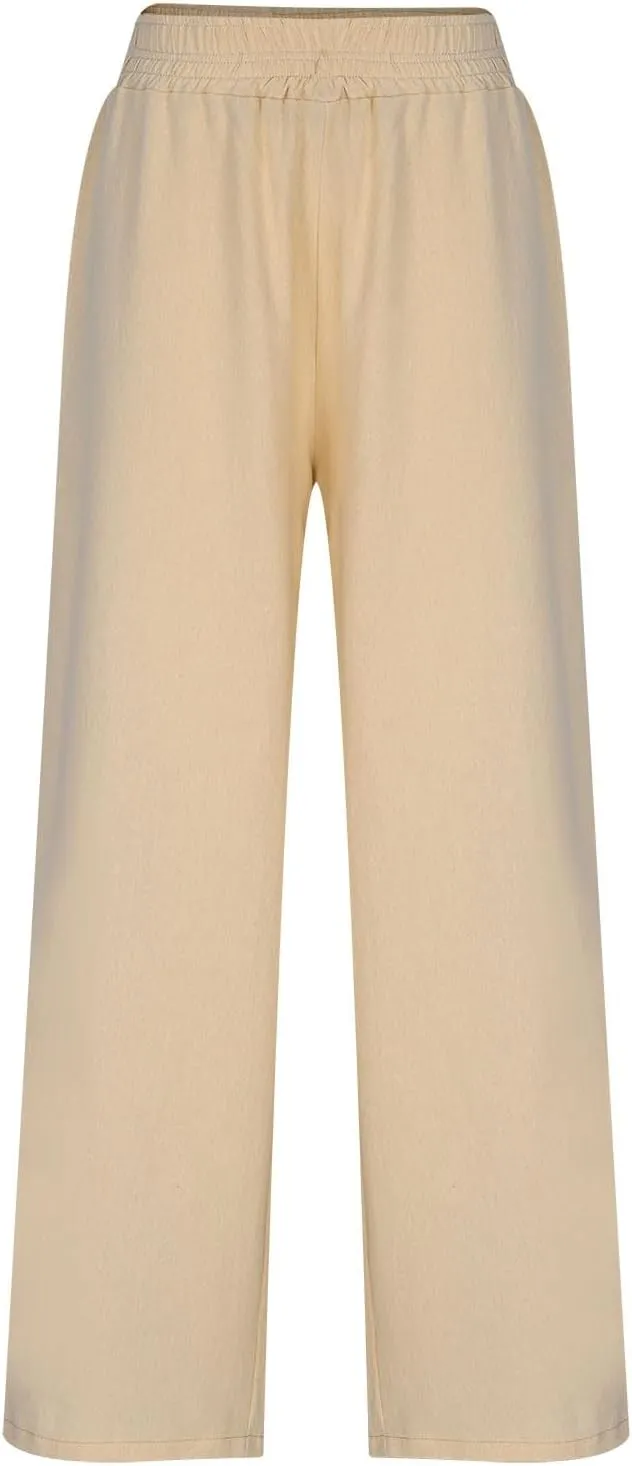 Womens Wide Leg Linen Pants Palazzo Pants with Pockets Smocked Elastic Waist Casual Trousers Summer Bottoms