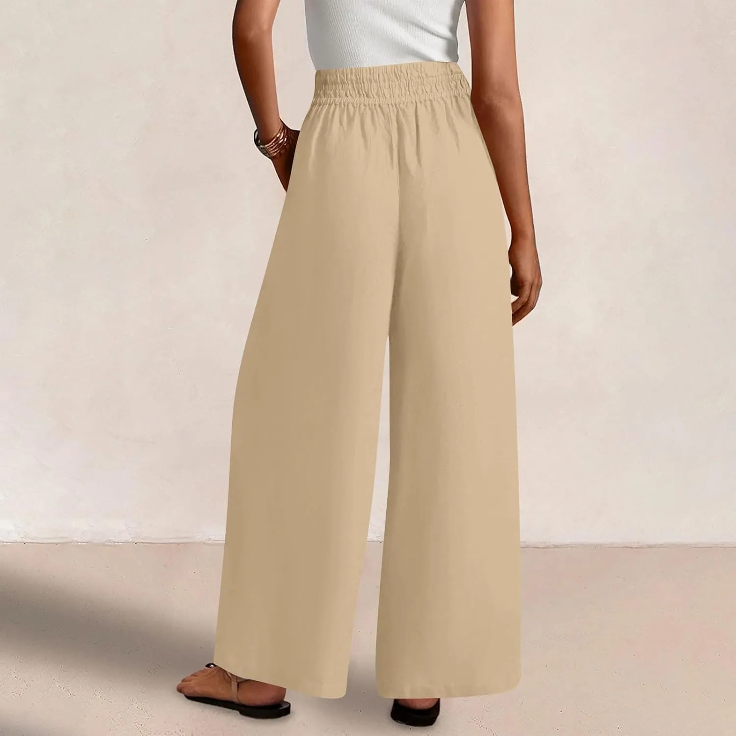 Womens Wide Leg Linen Pants Palazzo Pants with Pockets Smocked Elastic Waist Casual Trousers Summer Bottoms
