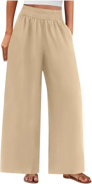 Womens Wide Leg Linen Pants Palazzo Pants with Pockets Smocked Elastic Waist Casual Trousers Summer Bottoms