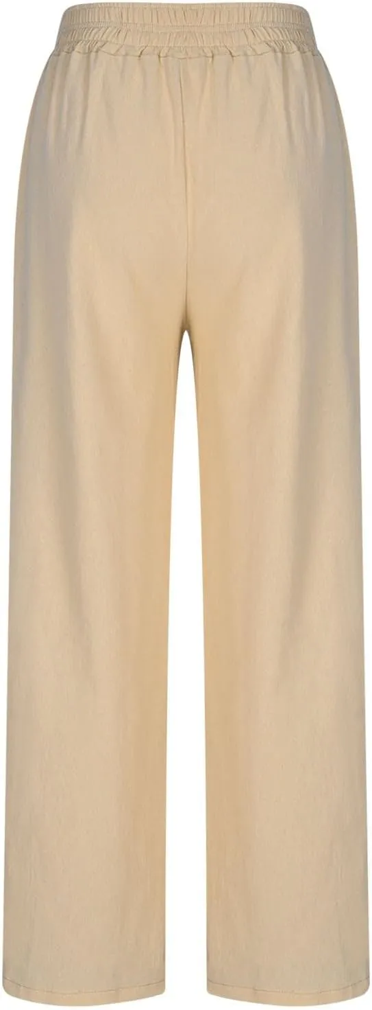 Womens Wide Leg Linen Pants Palazzo Pants with Pockets Smocked Elastic Waist Casual Trousers Summer Bottoms