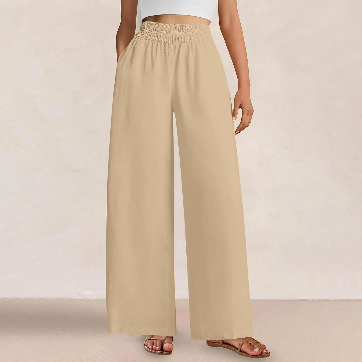 Womens Wide Leg Linen Pants Palazzo Pants with Pockets Smocked Elastic Waist Casual Trousers Summer Bottoms