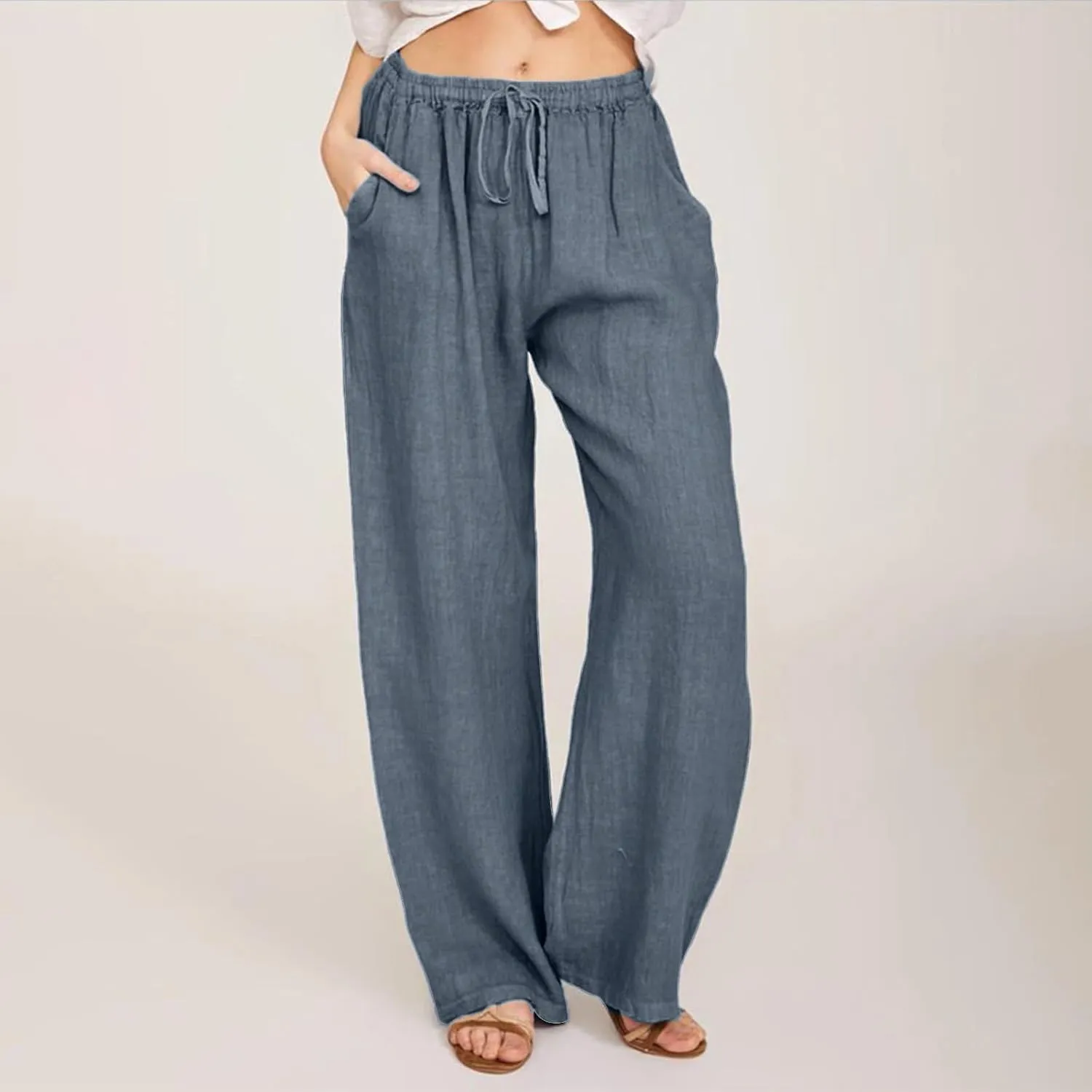 Womens Wide Leg Pants Summer Casual Loose Solid Color Drawstring Trousers with Pockets Trendy Beach Comfy Palazzo Pants