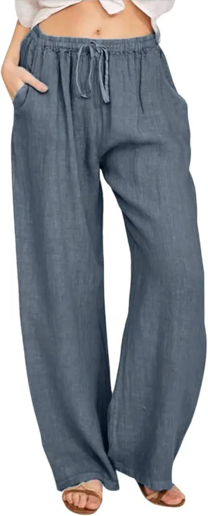 Womens Wide Leg Pants Summer Casual Loose Solid Color Drawstring Trousers with Pockets Trendy Beach Comfy Palazzo Pants