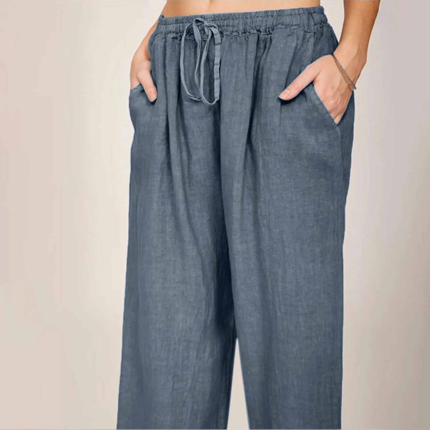 Womens Wide Leg Pants Summer Casual Loose Solid Color Drawstring Trousers with Pockets Trendy Beach Comfy Palazzo Pants