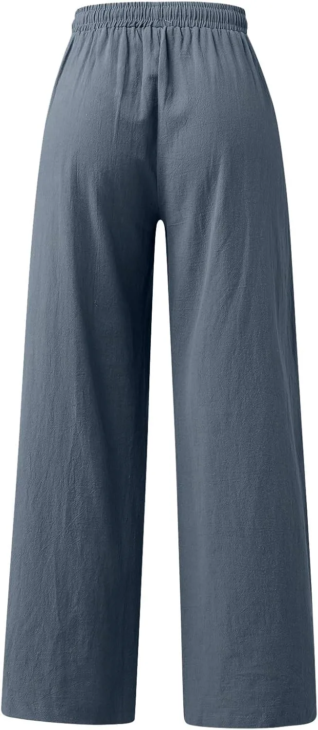 Womens Wide Leg Pants Summer Casual Loose Solid Color Drawstring Trousers with Pockets Trendy Beach Comfy Palazzo Pants