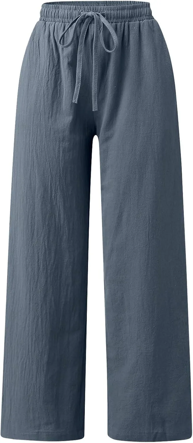 Womens Wide Leg Pants Summer Casual Loose Solid Color Drawstring Trousers with Pockets Trendy Beach Comfy Palazzo Pants