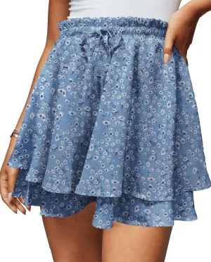Women's Women's Summer Flowy Ruffle Hem Skirt Elastic High Waist Casual Boho Floral Skorts