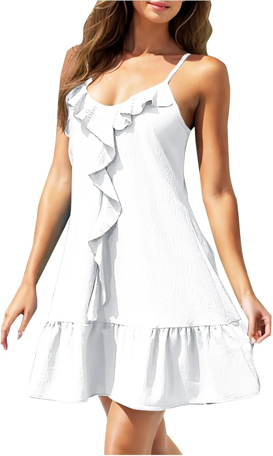 XUNRYAN Women Spaghetti Strap Mini Dress Summer Tank Dresses Tiered Ruffle Short Sleeve Beach Sundress Travel Vacation Outfit