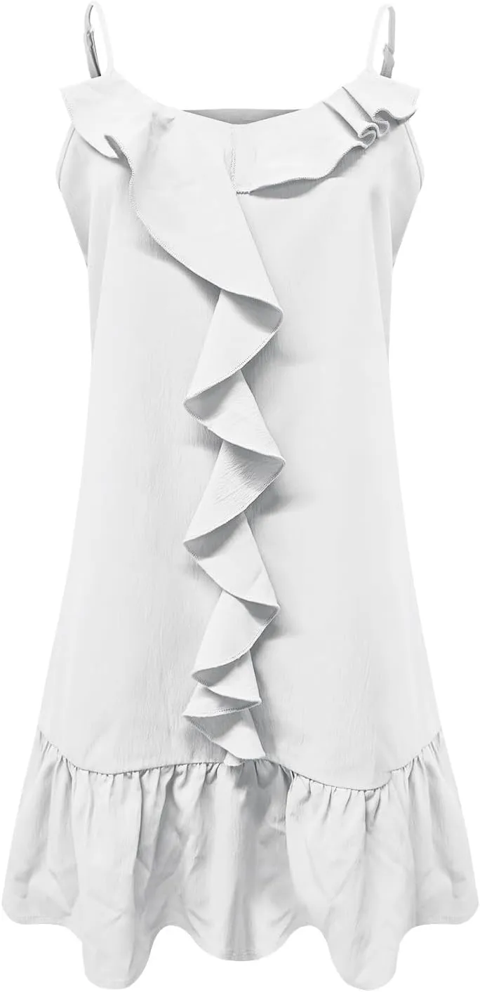 XUNRYAN Women Spaghetti Strap Mini Dress Summer Tank Dresses Tiered Ruffle Short Sleeve Beach Sundress Travel Vacation Outfit