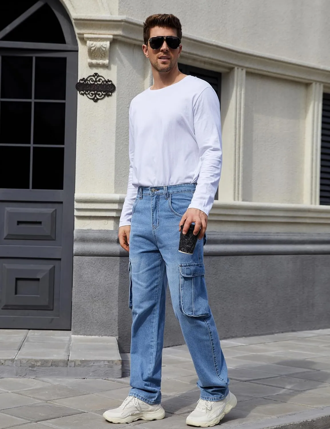 Yeokou Men's Casual Loose Hip Hop Denim Work Pants Jeans with Cargo Pockets