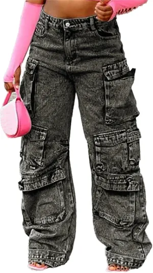 YOOTIKO Womens Baggy Jeans Cargo Pants Y2K High Waisted Distressed Street Denim Wide Leg Trousers with Pockets