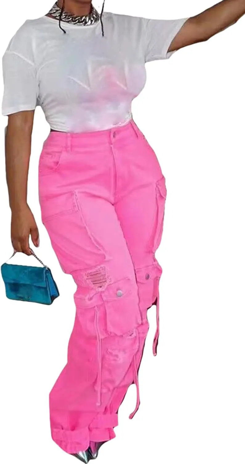 YOOTIKO Womens Baggy Jeans Cargo Pants Y2K High Waisted Distressed Street Denim Wide Leg Trousers with Pockets