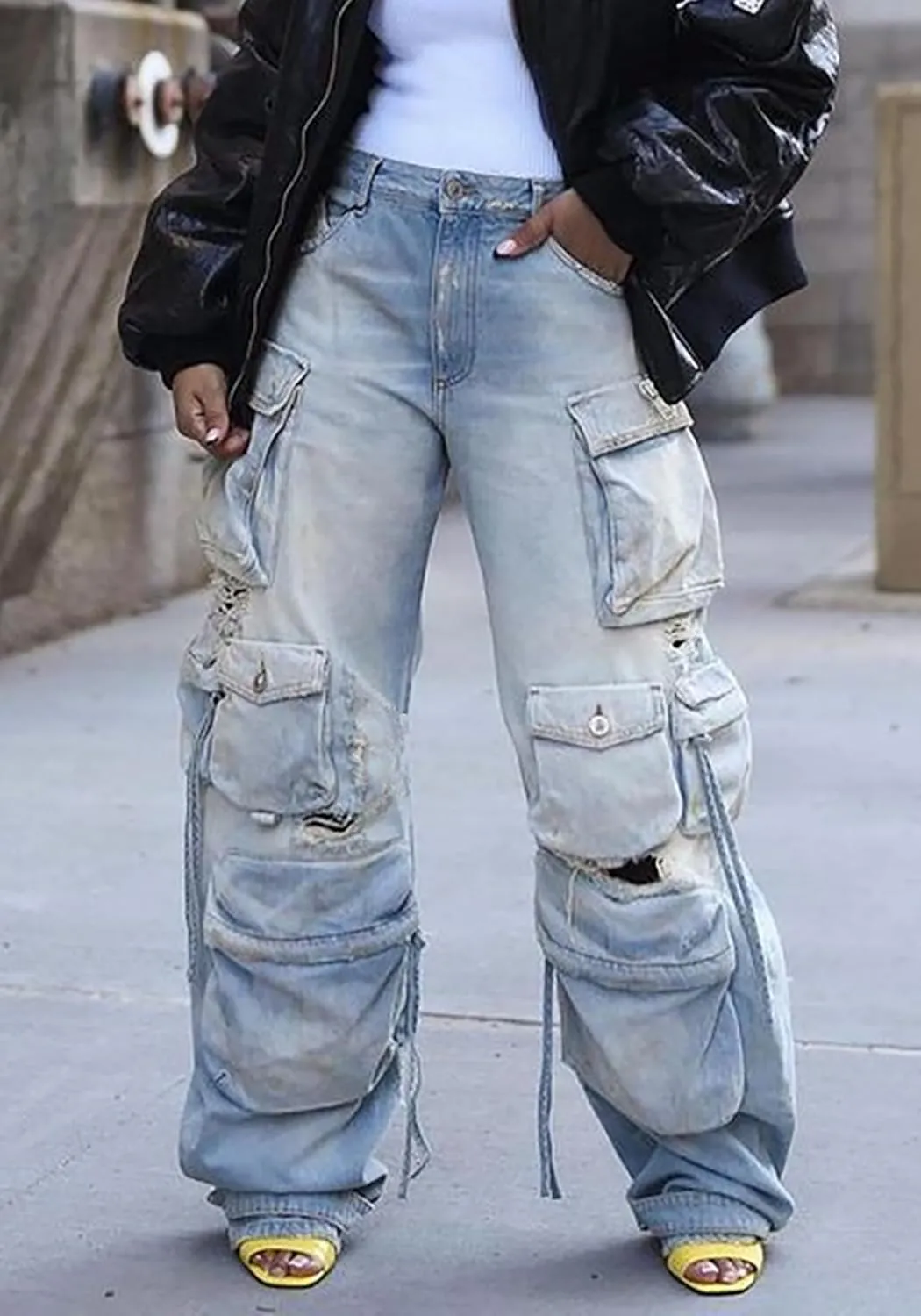 YOOTIKO Womens Baggy Jeans Cargo Pants Y2K High Waisted Distressed Street Denim Wide Leg Trousers with Pockets