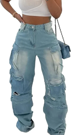 YOOTIKO Womens Baggy Jeans Cargo Pants Y2K High Waisted Distressed Street Denim Wide Leg Trousers with Pockets