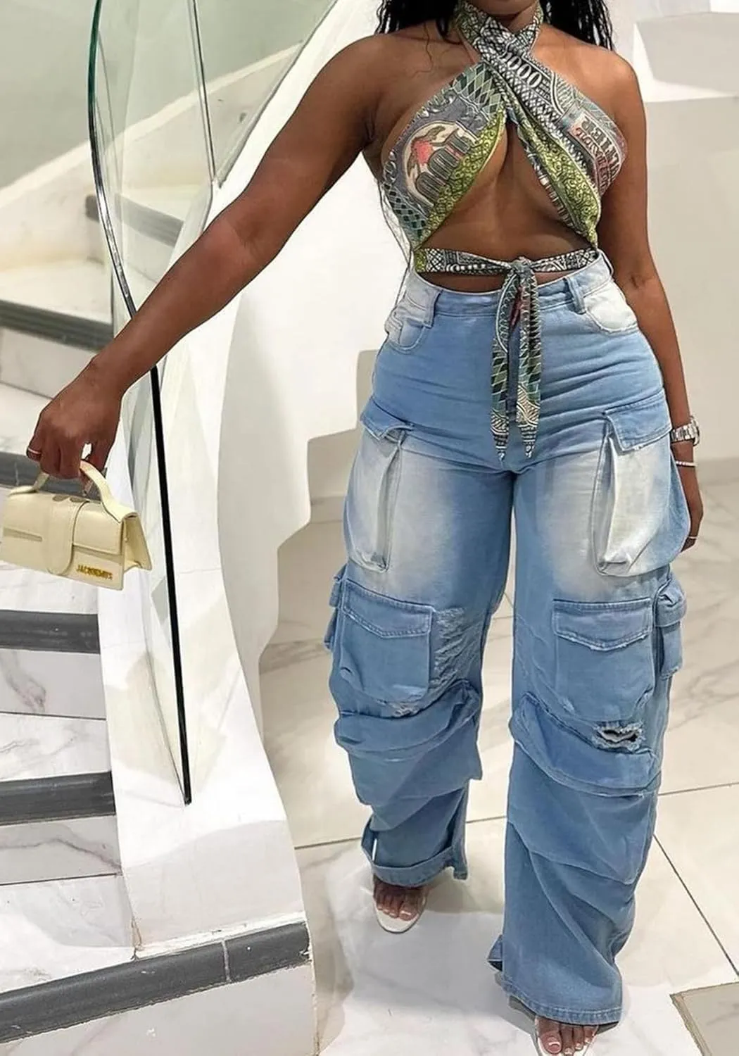 YOOTIKO Womens Baggy Jeans Cargo Pants Y2K High Waisted Distressed Street Denim Wide Leg Trousers with Pockets