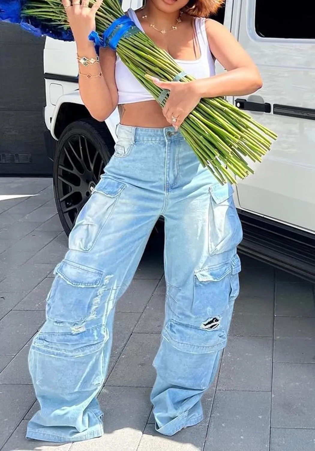 YOOTIKO Womens Baggy Jeans Cargo Pants Y2K High Waisted Distressed Street Denim Wide Leg Trousers with Pockets