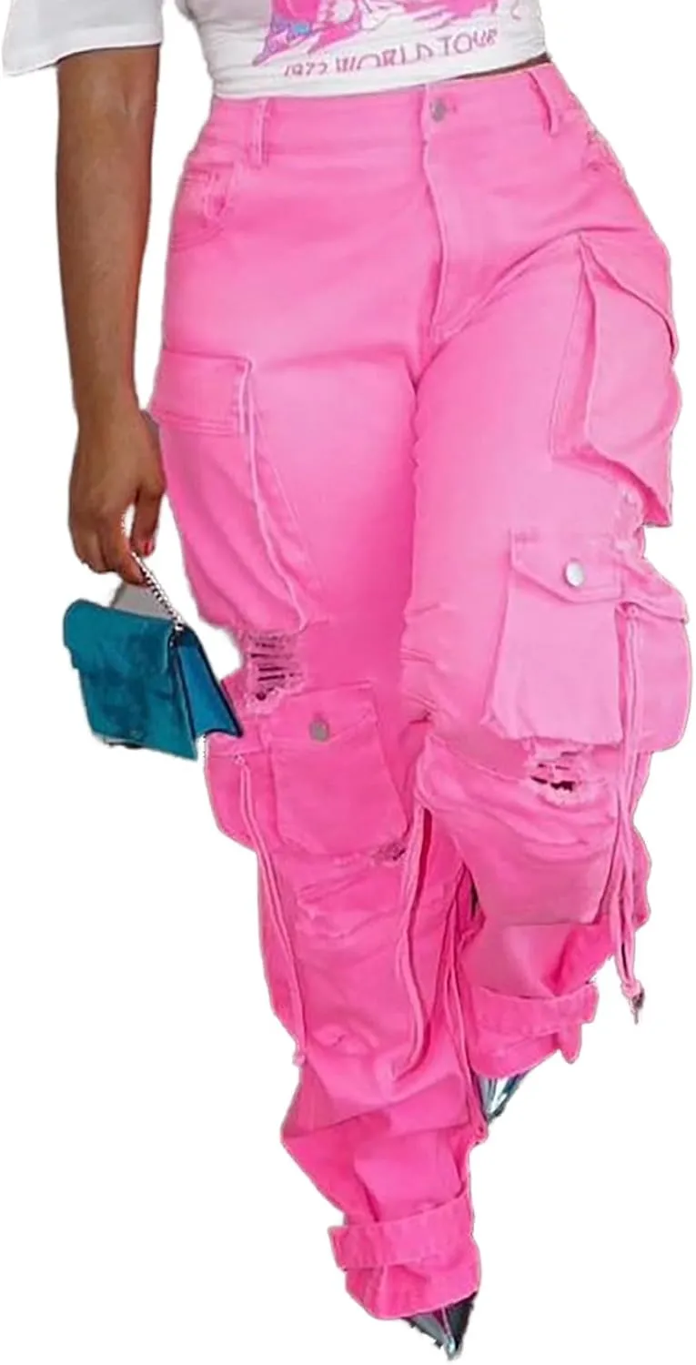 YOOTIKO Womens Baggy Jeans Cargo Pants Y2K High Waisted Distressed Street Denim Wide Leg Trousers with Pockets