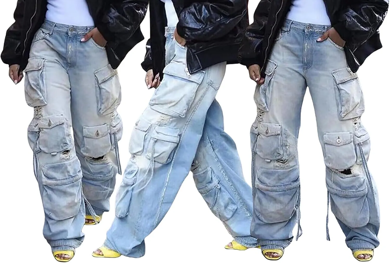 YOOTIKO Womens Baggy Jeans Cargo Pants Y2K High Waisted Distressed Street Denim Wide Leg Trousers with Pockets