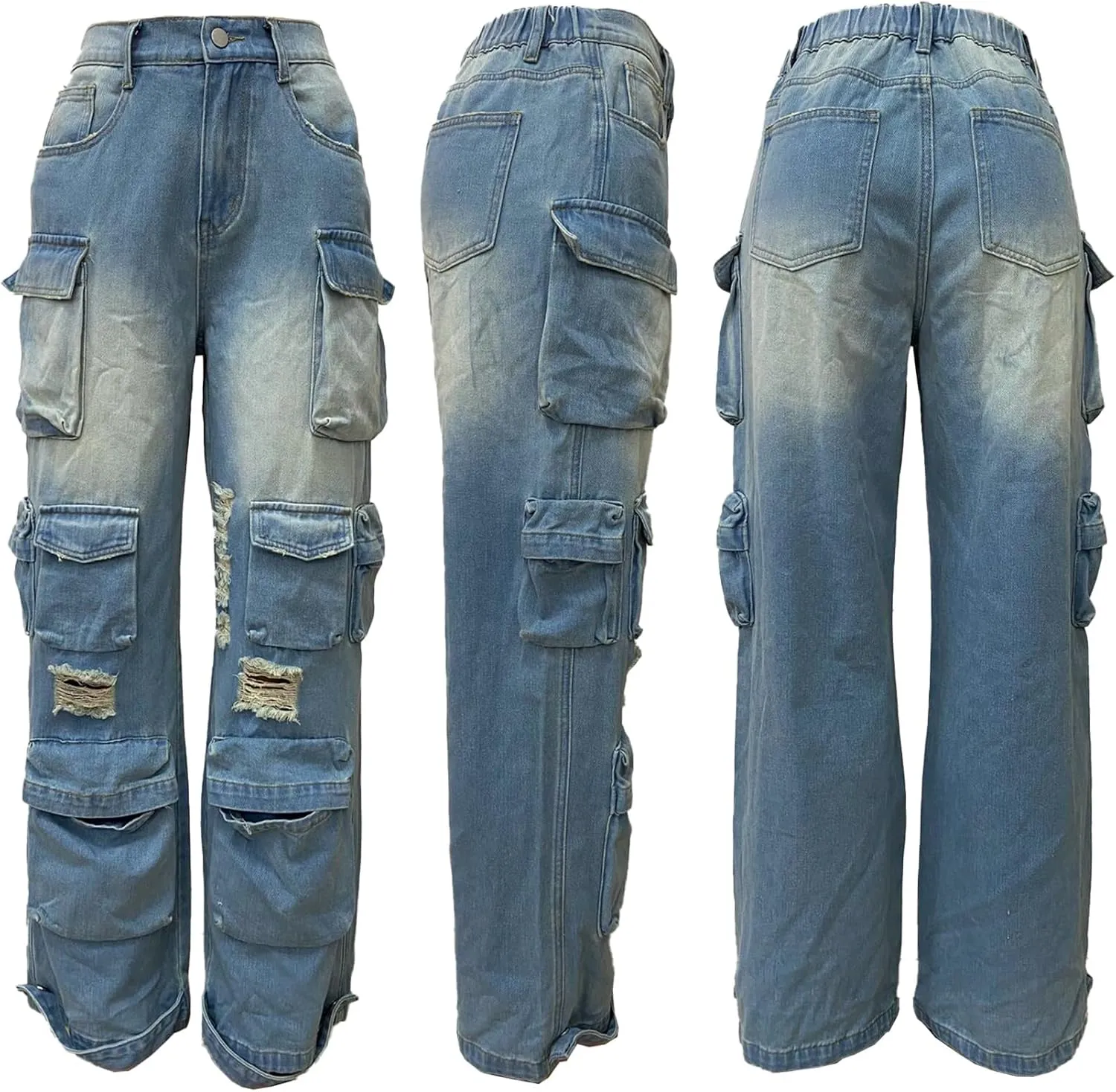 YOOTIKO Womens Baggy Jeans Cargo Pants Y2K High Waisted Distressed Street Denim Wide Leg Trousers with Pockets