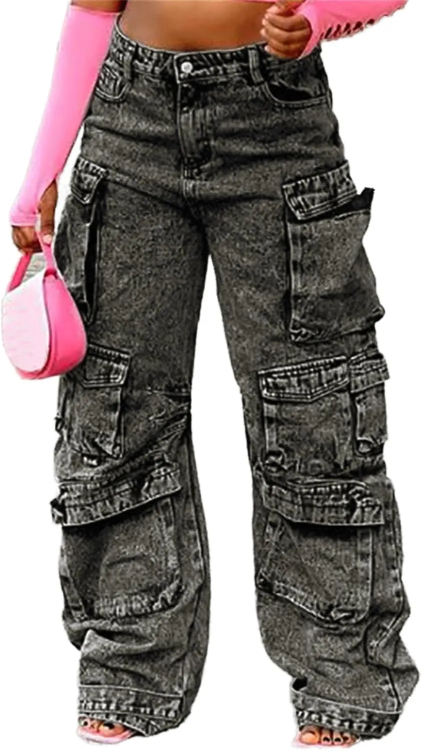 YOOTIKO Womens Baggy Jeans Cargo Pants Y2K High Waisted Distressed Street Denim Wide Leg Trousers with Pockets