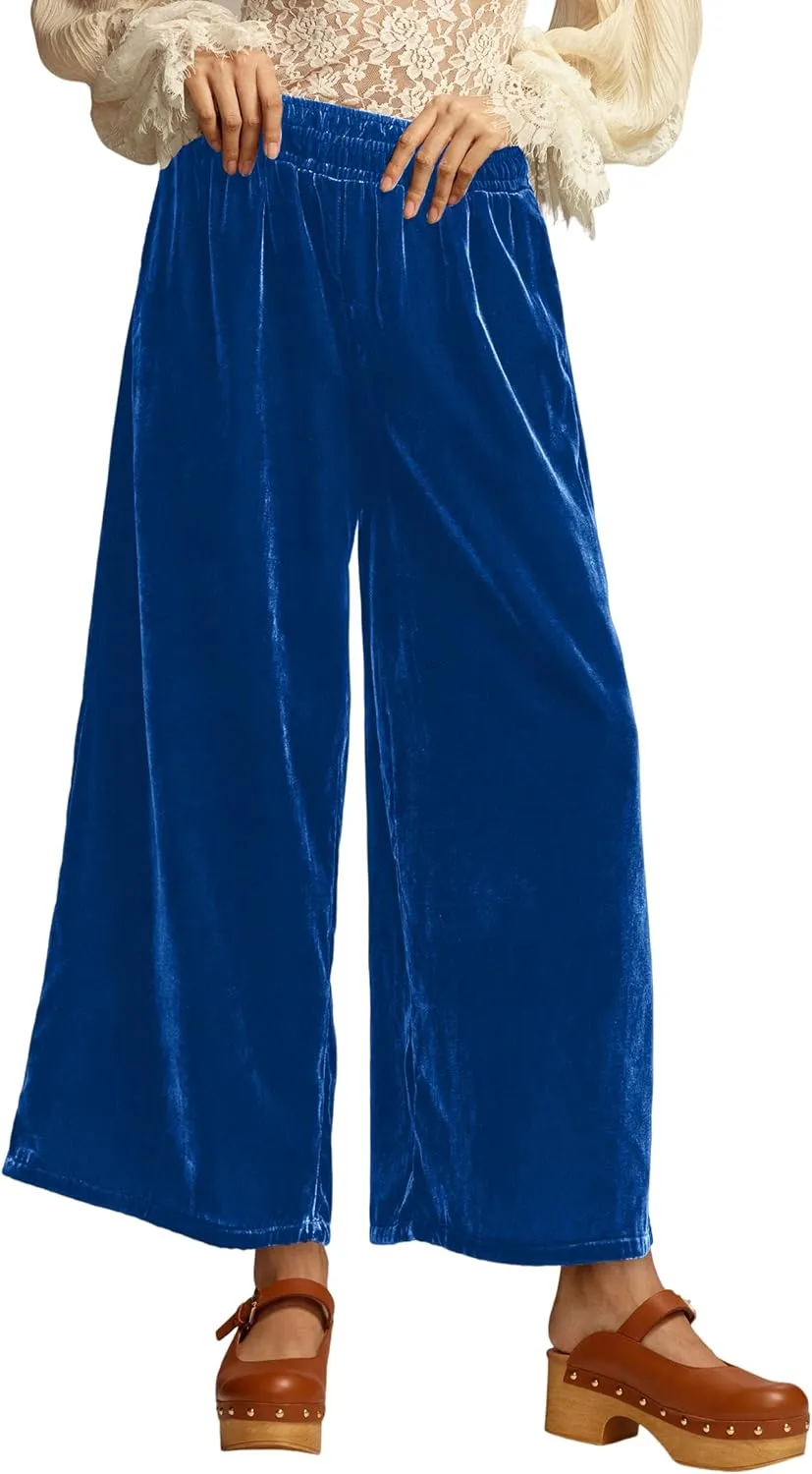 Ythomm Womens Velvet Wide Leg Lounge Pants High Rise Smocked Waistband Elastic Palazzo Pants Casual Loose Fitted Y2k Trousers