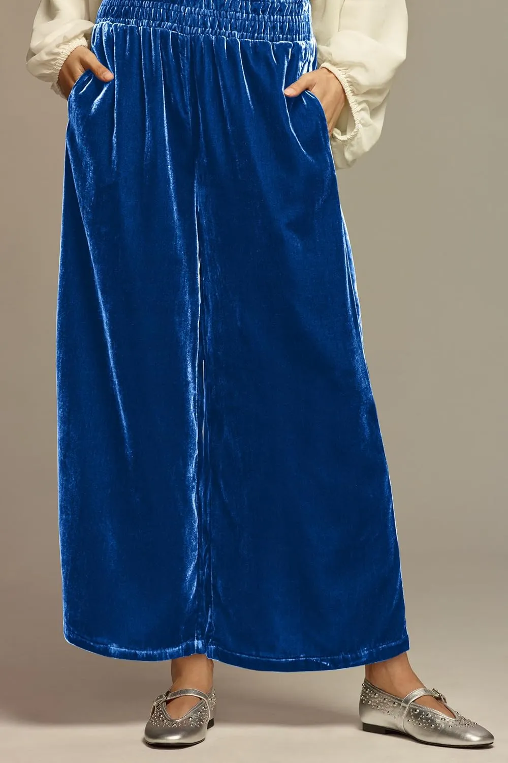 Ythomm Womens Velvet Wide Leg Lounge Pants High Rise Smocked Waistband Elastic Palazzo Pants Casual Loose Fitted Y2k Trousers