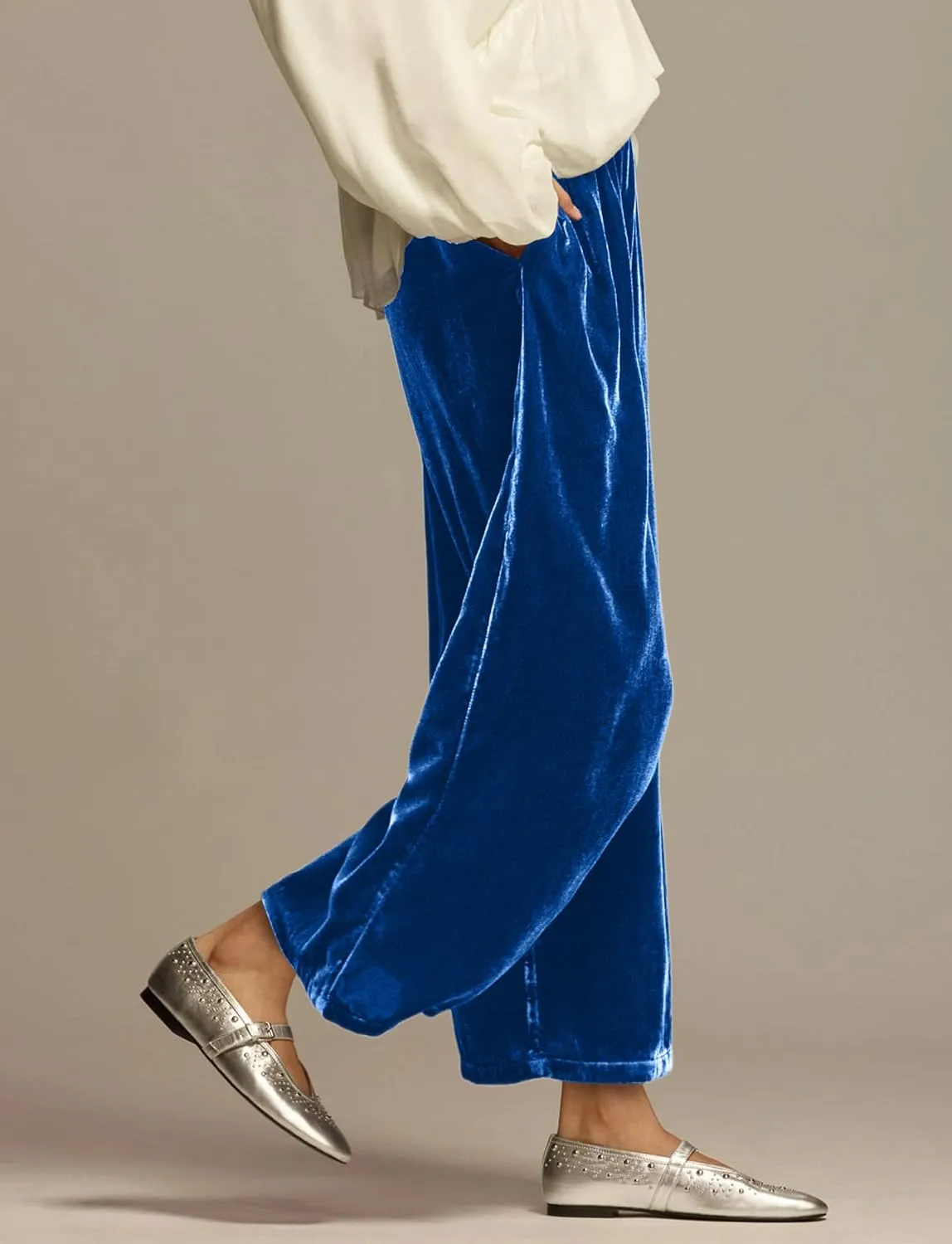 Ythomm Womens Velvet Wide Leg Lounge Pants High Rise Smocked Waistband Elastic Palazzo Pants Casual Loose Fitted Y2k Trousers