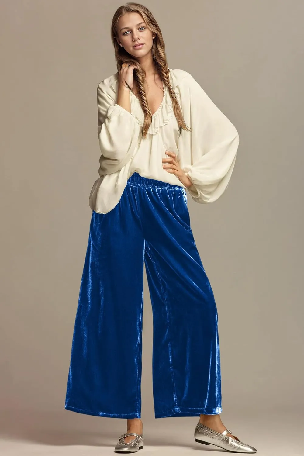 Ythomm Womens Velvet Wide Leg Lounge Pants High Rise Smocked Waistband Elastic Palazzo Pants Casual Loose Fitted Y2k Trousers
