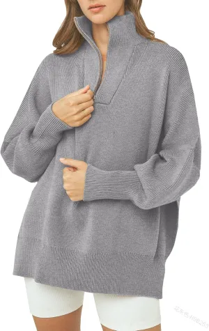 Yuemengxuan Womens Oversized Sweatshirt Y2k Half Zip Sweatshirts Ribbed Knit Sweater Quarter Zipper Pullover Fall Outfits