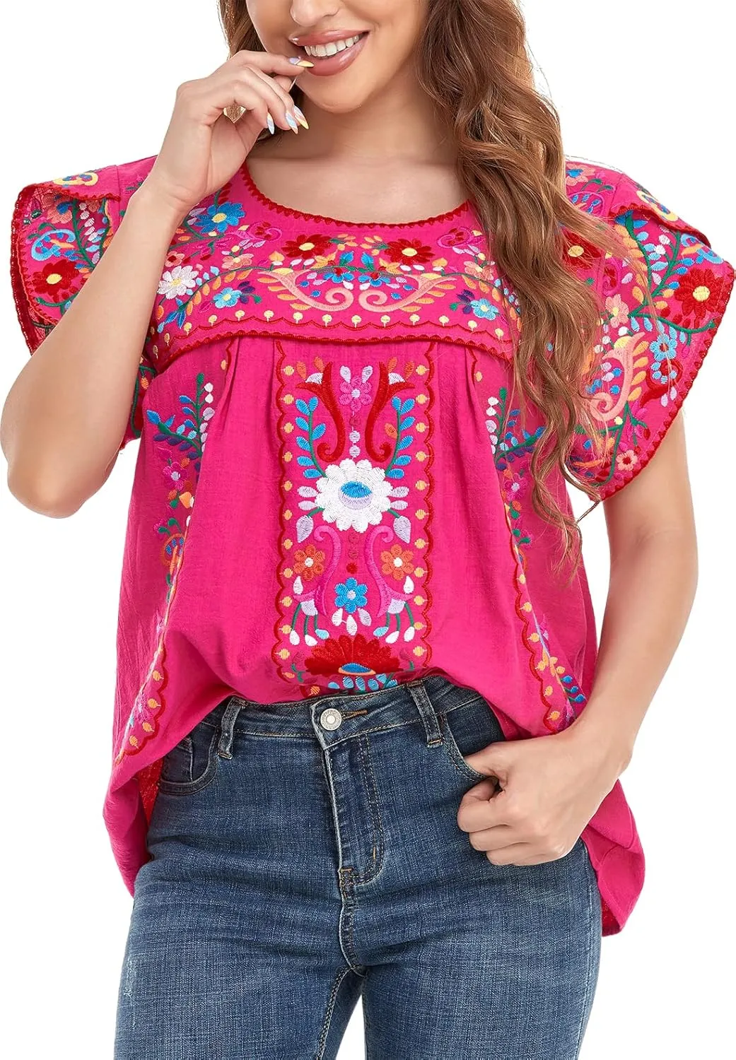 YZXDORWJ Women's Summer Boho Embroidery Mexican Bohemian Tops Shirt Tunic