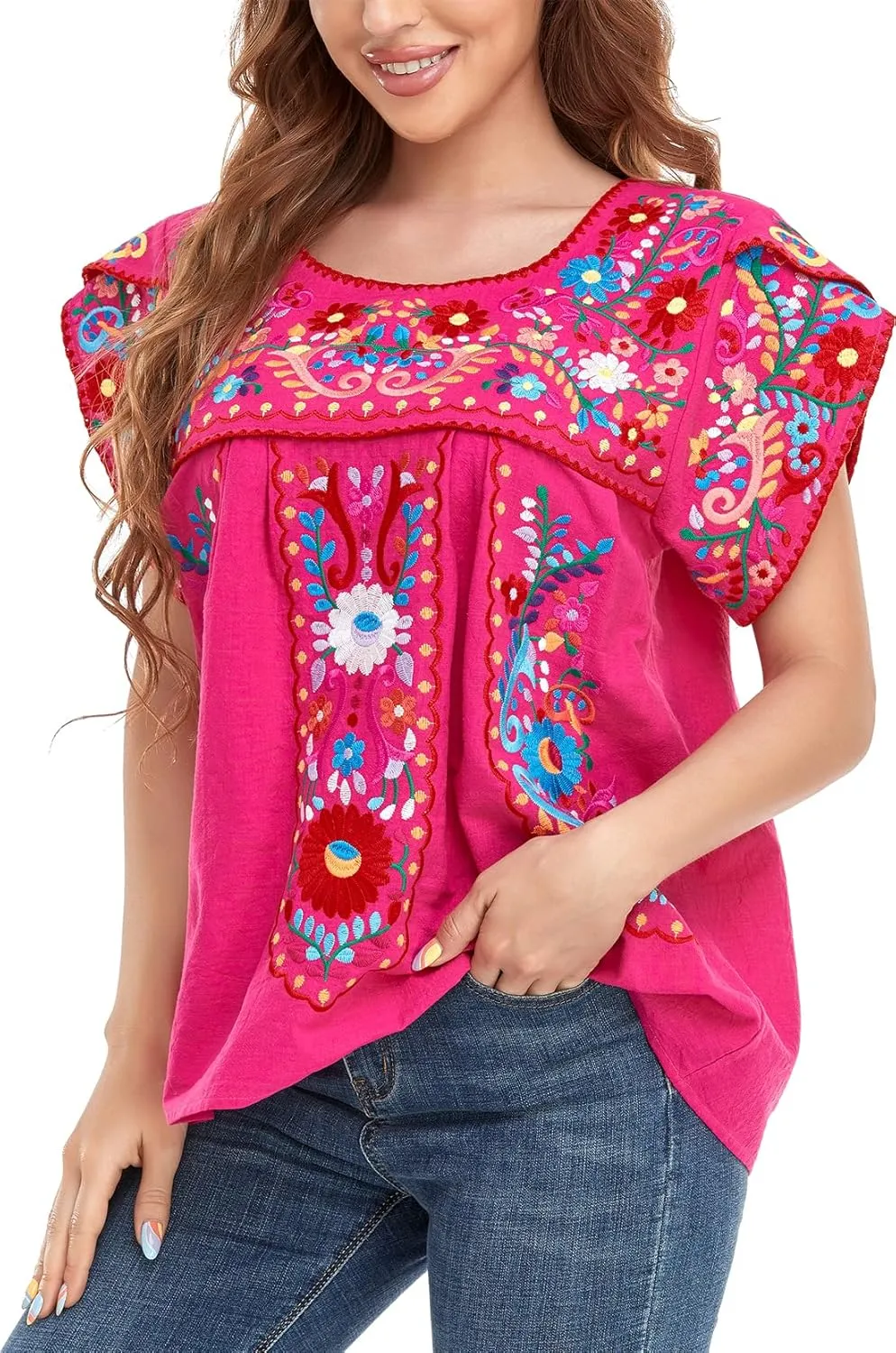 YZXDORWJ Women's Summer Boho Embroidery Mexican Bohemian Tops Shirt Tunic
